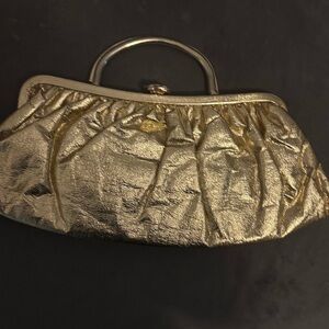 Vintage 50-60s Metallic Gold Clutch Handbag Chain Shoulder Strap Pre-Owned